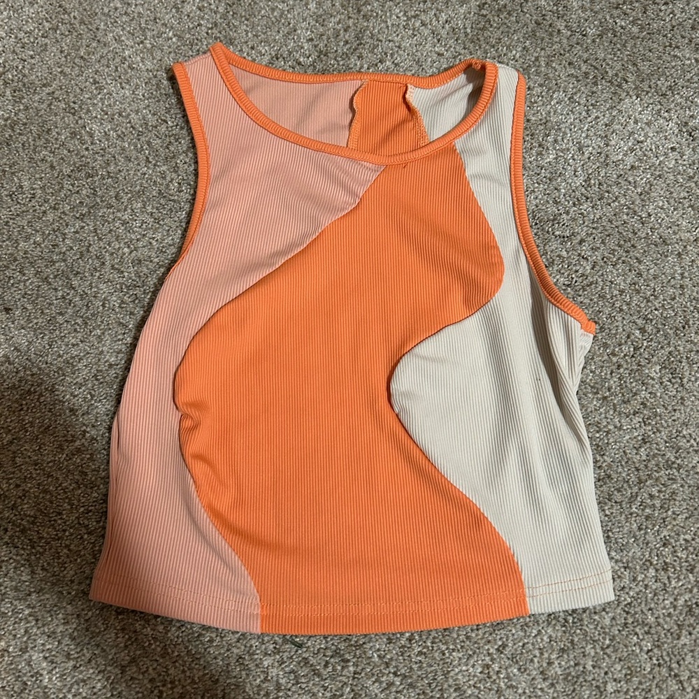 Sleeveless Colorblock Ribbed Tank Top - Orange/Peach/Cream